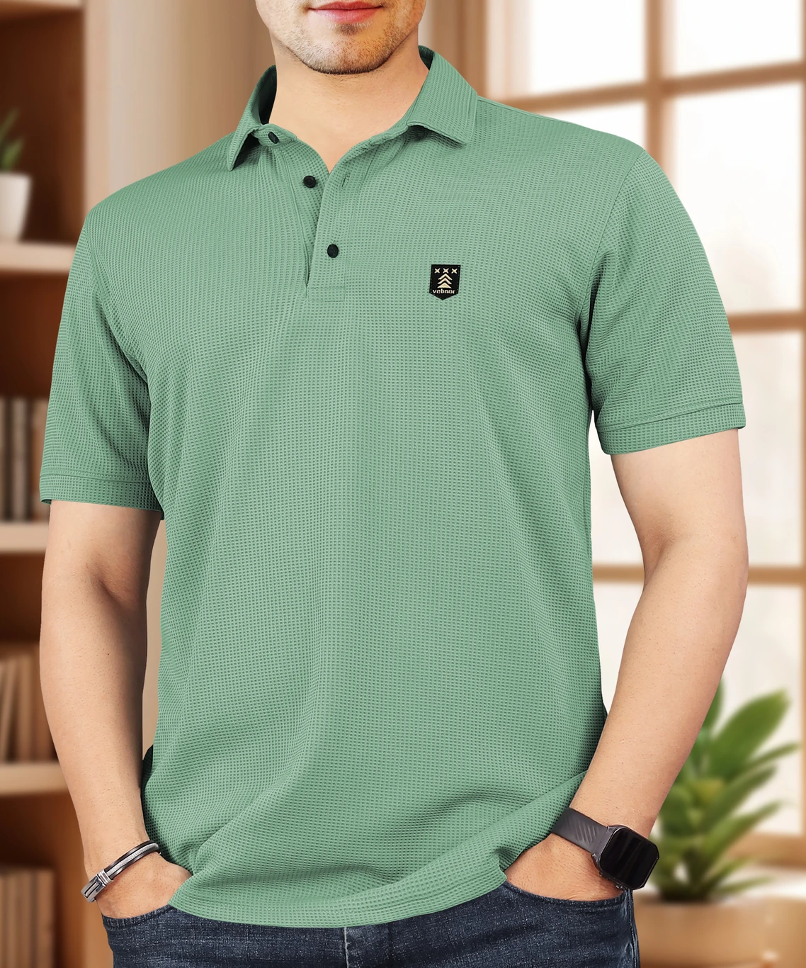 VeBNoR Men Self Design Polo Neck Polyester Light Green T-Shirt