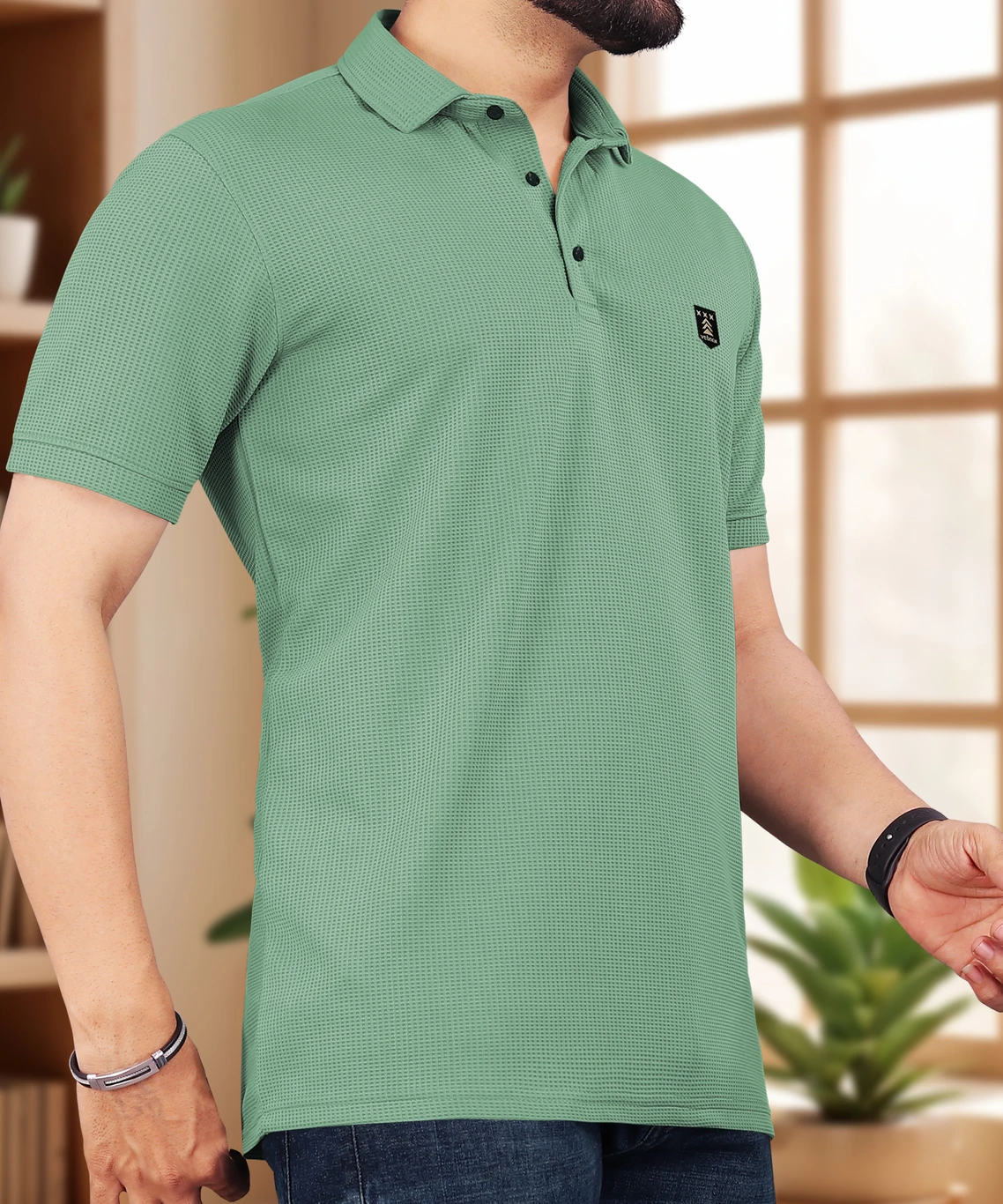 VeBNoR Men Self Design Polo Neck Polyester Light Green T-Shirt - Image 4
